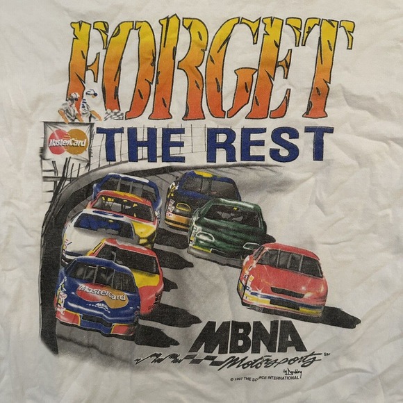 VTG 1997 NASCAR MBNA Motorsports Forget The Rest Demand The Best Race Shirt XL - Picture 2 of 11